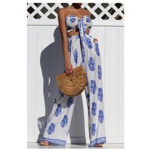 2 PC Boho Bandeau Top Wide Leg Pants Set Outfit